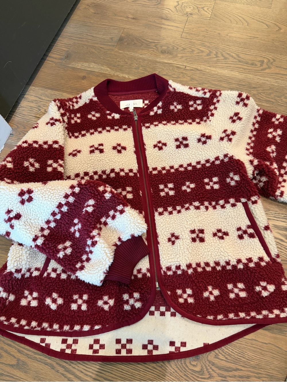 THE GREAT. Red and Cream Fair Isle Sherpa Jacket